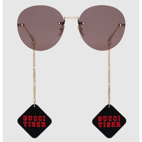 Gucci Tiger GG Round Frame Sunglasses With Pendant Gold Brown Black 690989 - Picture 1 of 14